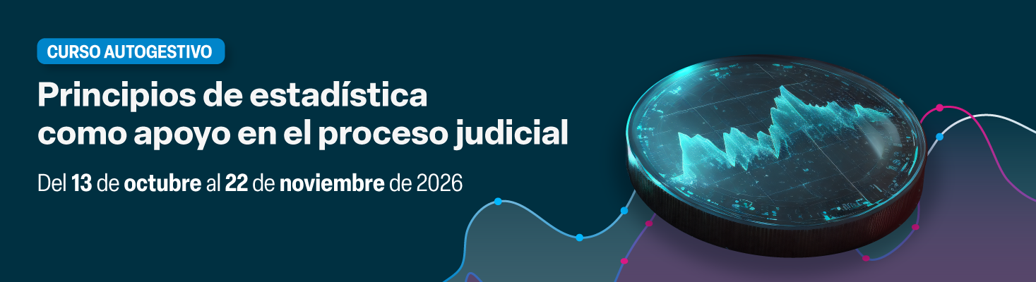 Banner informativo del curso autogestivo “Principios de estadística como apoyo en el proceso judicial”. El texto indica que se realizará del 13 de octubre al 22 de noviembre de 2026. A la derecha se observa una ilustración digital de una gráfica de datos ascendente proyectada sobre una superficie circular, acompañada por líneas y puntos que representan tendencias estadísticas en tonos azul y magenta sobre fondo azul oscuro. 