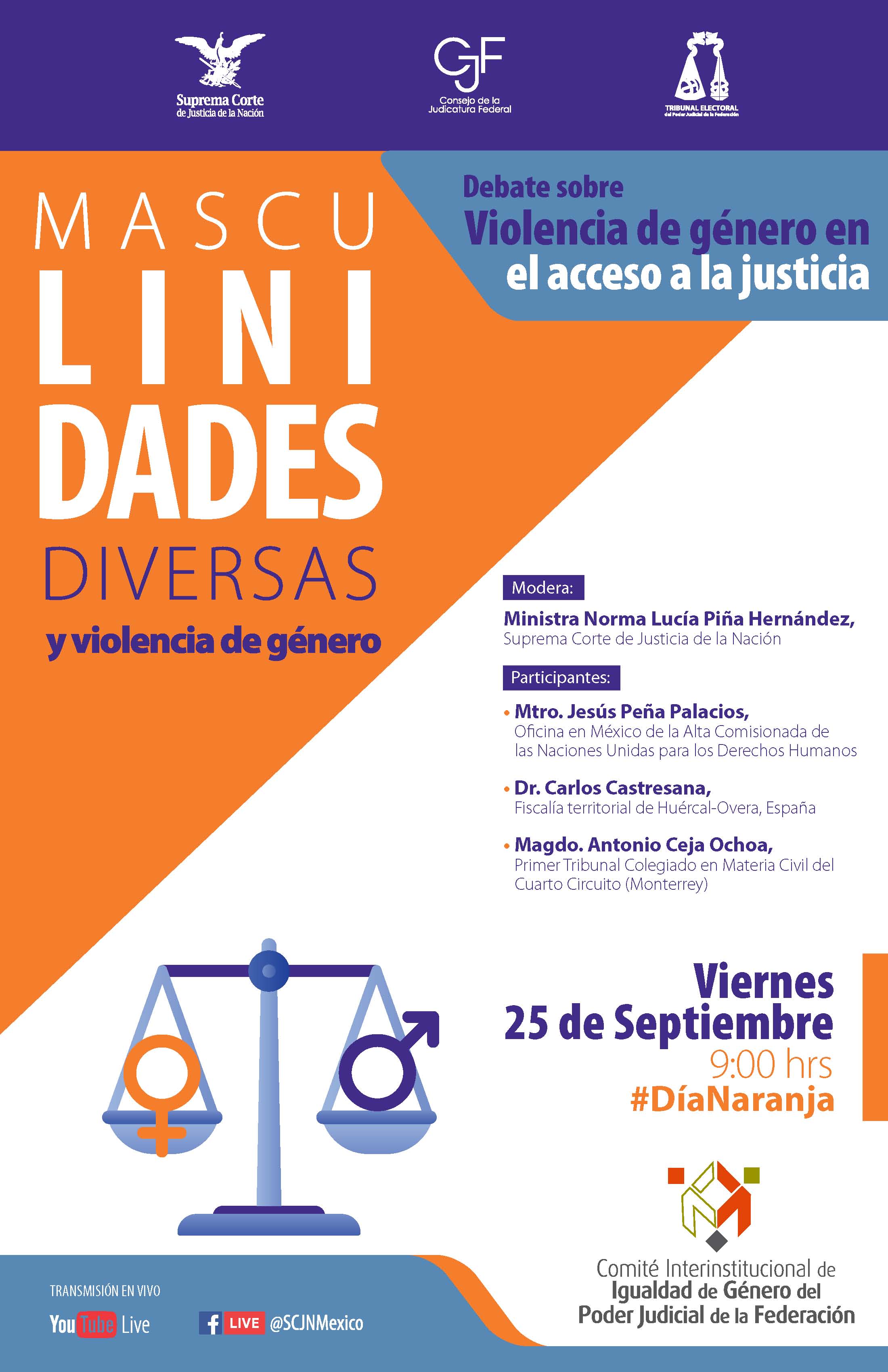 Cartel del evento, Debates sobre Violencia de Género en el acceso a la Justicia #DíaNaranja