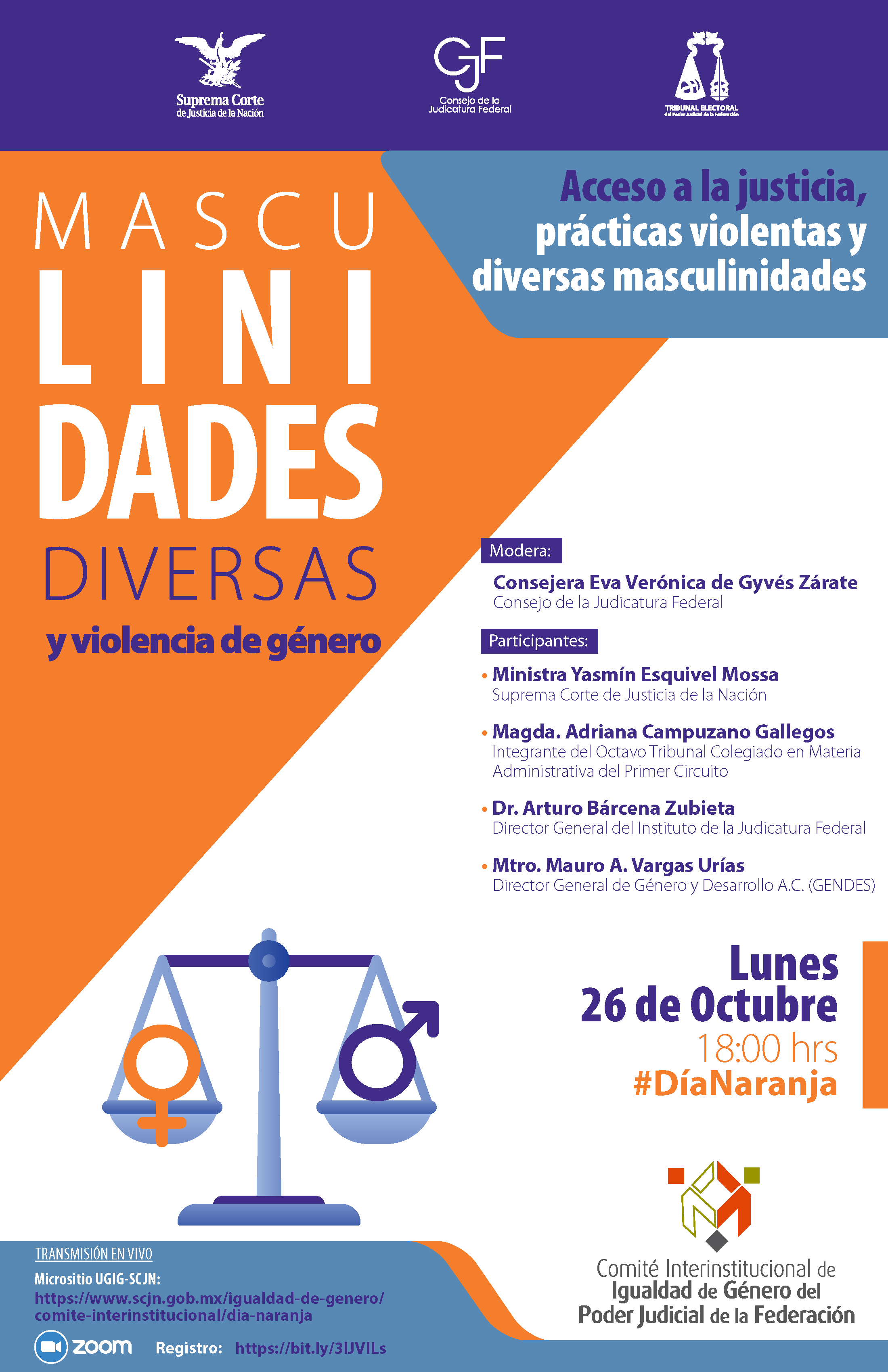 Cartel del evento, Debates sobre Violencia de Género en el acceso a la Justicia #DíaNaranja