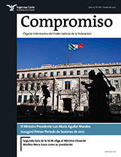 Revista Compromiso No. 187 Enero 20117. Foto: fachada resplandeciente de la Suprema Corte de Justicia de la Nación, con bandera nacional ondeando a lo alto, y atrás, en el horizonte, una pequeña luna, con un cielo azul, completamente limpio. En la parte baja del edificio, las siluetas del  monumento a los indios, cuyas sombras lucen cual celosos vigilantes del máximo tribunal constitucional del país. Nota Principal: El Ministro Presidente Luis María Aguilar Morales inauguró primer periodo de sesiones de 201